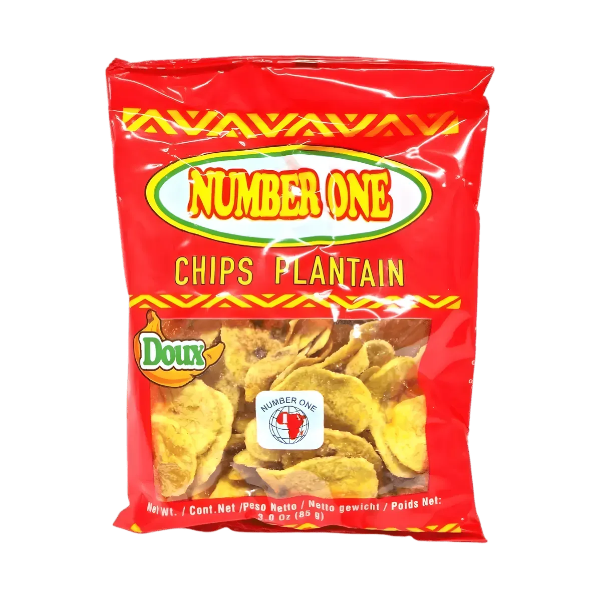 Chips de plantain sucrées N°1 en sachet rouge, collation croustillante douce à base de plantains mûrs. Idéal pour les amateurs de snacks exotiques.